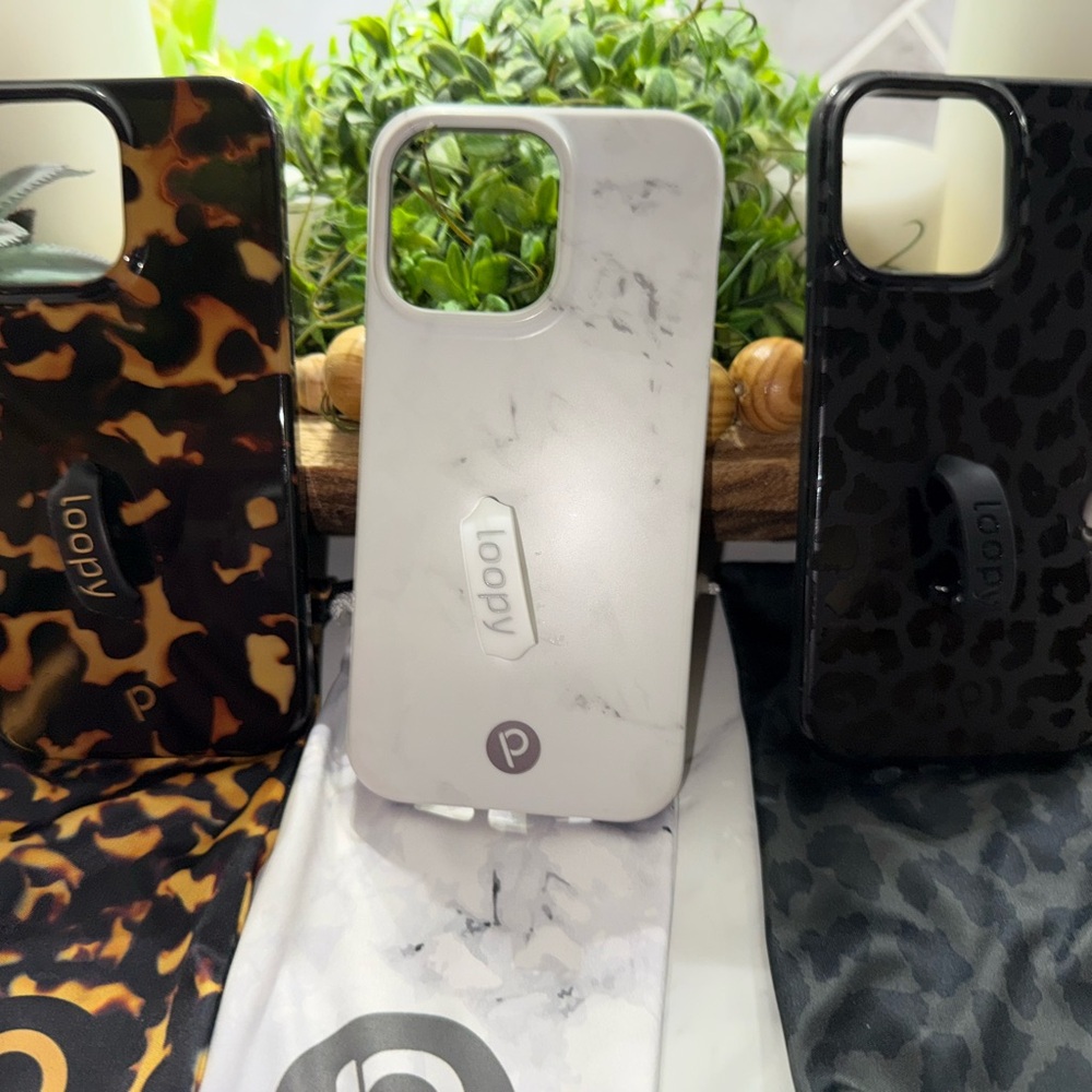 14 Pro Max Loopy Phone Cases.  White Marble, Black leopard & Tortoise.